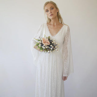 Bohemian V neckline wedding dress with bell sleeves #1284 Maxi Blushfashion