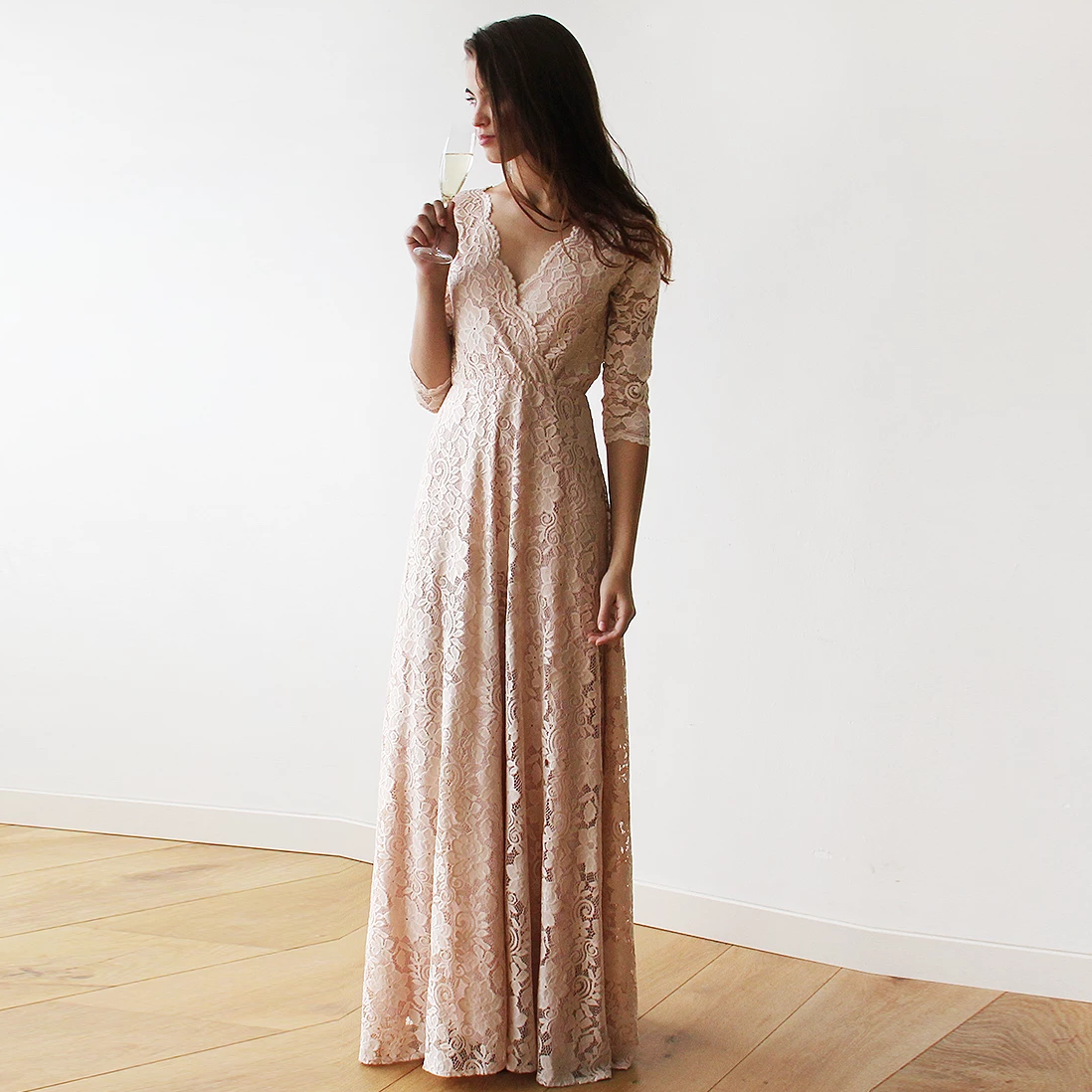 pink lace maxi dress with sleeves Floral Lace Long Sleeve Dress in Pink