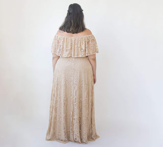 Champagne Ruffled Crinkle Off-shoulder Wedding Dress #1327 Maxi Blushfashion