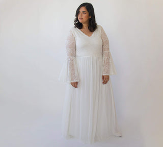 Curvy  Bohemian Ivory Vintage Style wedding dress  with bell sleeves  1326 Maxi Blushfashion