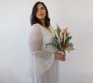Curvy  Bohemian Ivory Vintage Style wedding dress  with bell sleeves  1326 Maxi Blushfashion