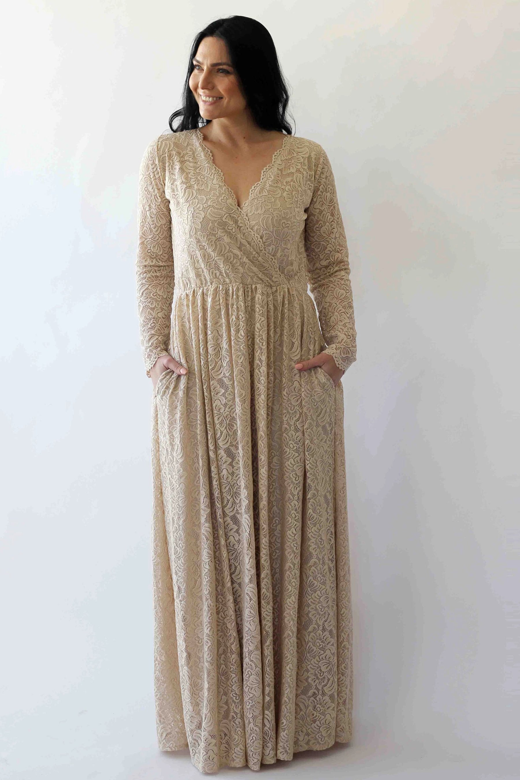 Champagne Lace Bohemian Wedding Dress #1269