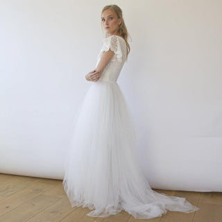 Curvy Fairy ivory wrap lace bohemian wedding dress, butterfly sleeves and puffy tulle #1293 Maxi Blushfashion
