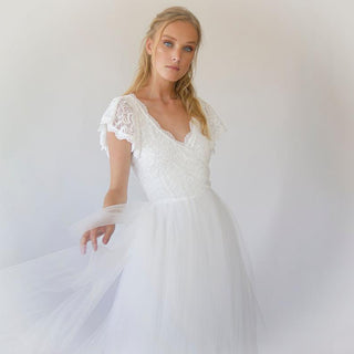 Curvy Fairy ivory wrap lace bohemian wedding dress, butterfly sleeves and puffy tulle #1293 Maxi Blushfashion