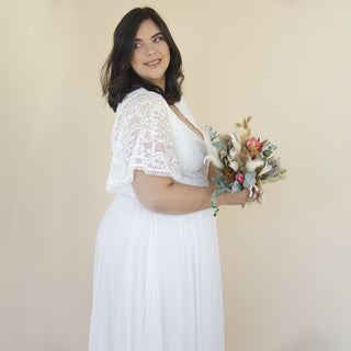 Curvy  Ivory butterfly sleeves, lace bohemian wedding dress with mesh chiffon #1321 Maxi Blushfashion
