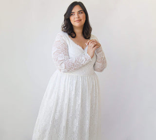Curvy  Ivory Lace Bohemian , Long Sleeves Wedding Dress #1324 Maxi Blushfashion