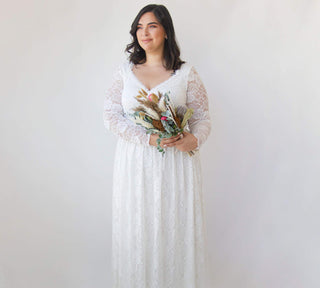 Curvy  Ivory Lace Bohemian , Long Sleeves Wedding Dress #1324 Maxi Blushfashion