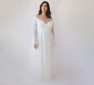 Curvy  Ivory Off the shoulder lace wrap wedding dress with tulle  #1325 Maxi Blushfashion