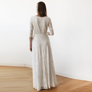 Curvy Ivory Wrap Wedding Dress. Three-Quarter Sleeves #1124