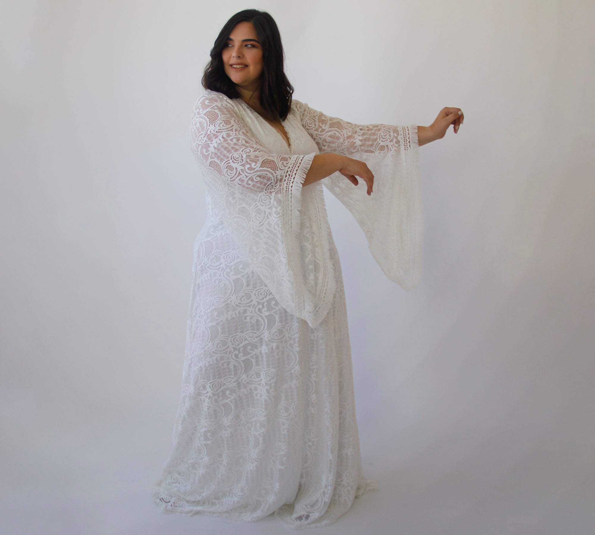 Curvy Lace Ivory Bridal Kaftan with Fringe Bat Sleeves #1328