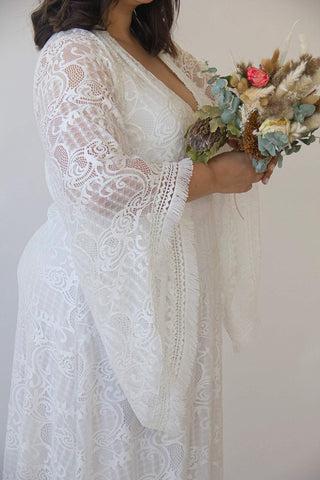 Curvy  Lace ivory bridal kaftan with fringe ,bat sleeves lace wedding Dress #1328 Maxi Blushfashion