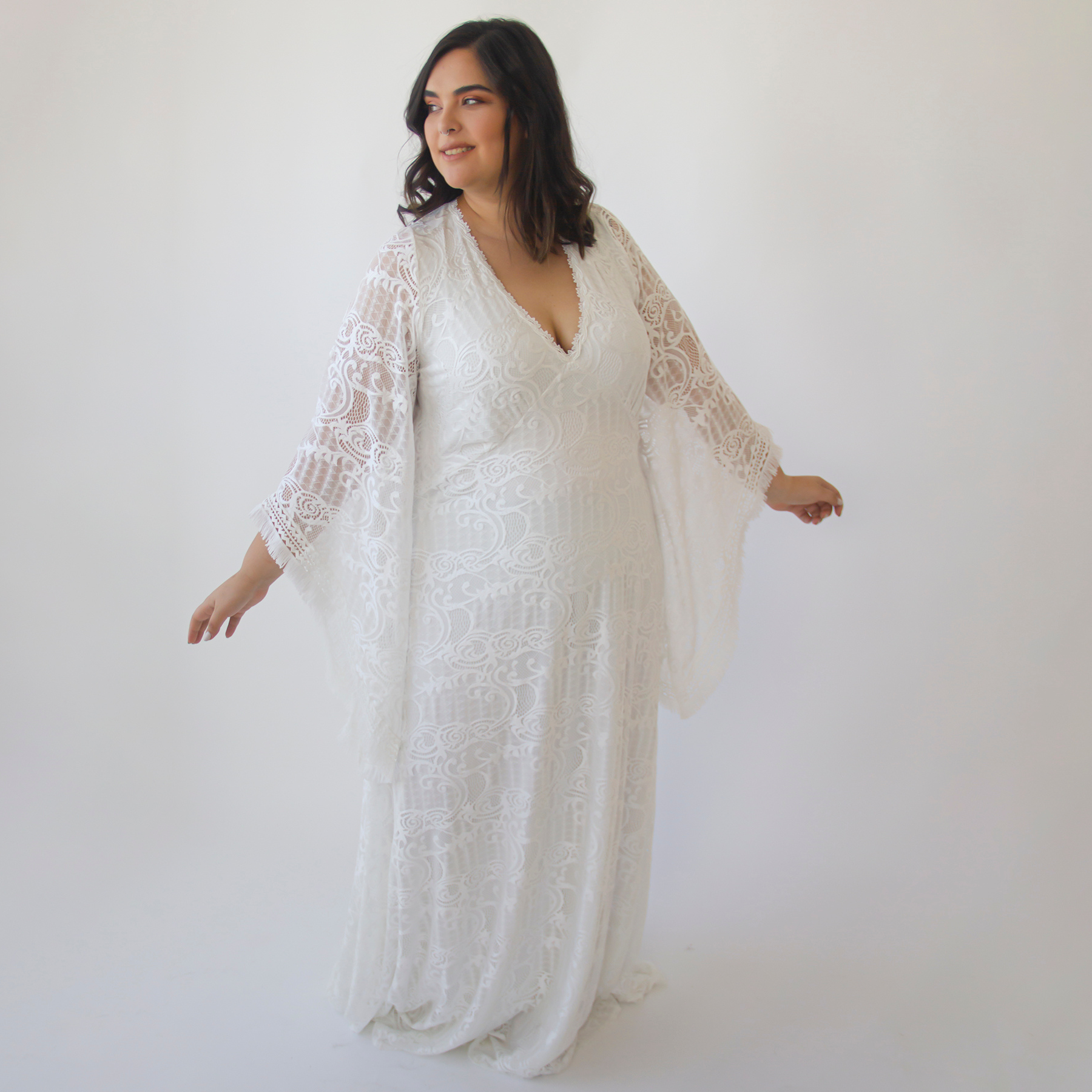 Curvy Lace Ivory Bridal Kaftan with Fringe Bat Sleeves #1328