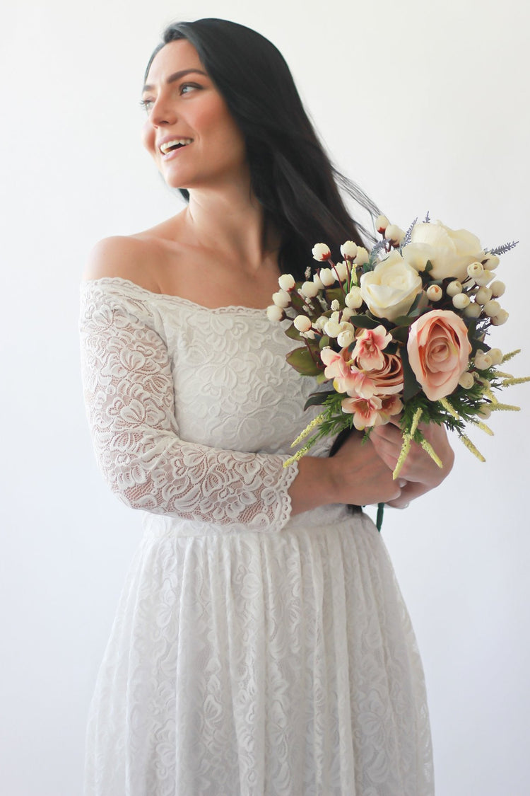 Off Shoulder Long Lace Sleeves Dresses with Pockets Ivory