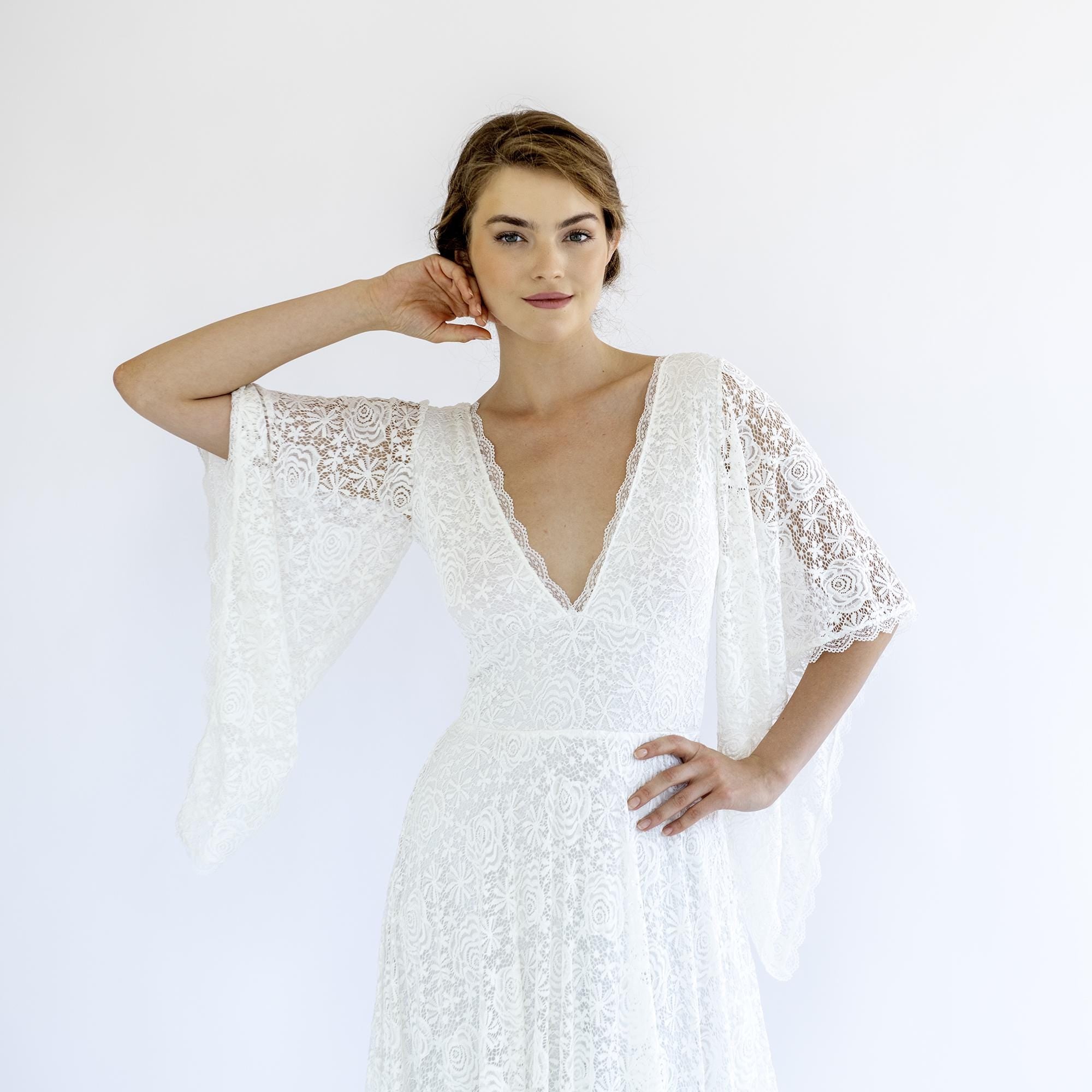 v neck wedding dress with bell sleeves Bohemian Long Flare A Line Foral Lace SPF078 Romantic lace wedding dress with organic flower lace Bohemian Lace A-Line V-Neck Summer