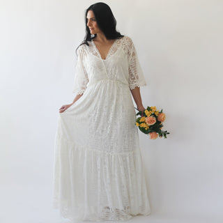 Bestseller Curvy Bohemian ivory bat sleeves lace wedding Dress #1241 Maxi Custom Order Blushfashion