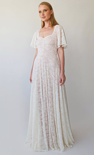 Bestseller Ivory Blush Sweetheart Lace Wedding Dress With short Sleeves #1396 Maxi Custom Order Blushfashion