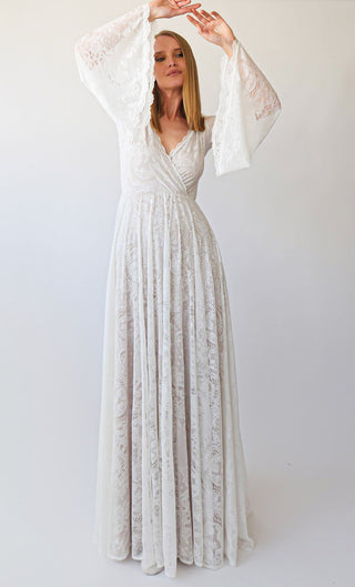 Bestseller Vintage Ivory wrap Lace dress Long Bell Sleeves Bohemian Wedding Gown #1394 Maxi Custom Order Blushfashion