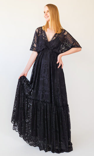 Black Lace bat sleeves with open back, V neckline Bohemian Maxi Dress #1241 Maxi Custom Order Blushfashion