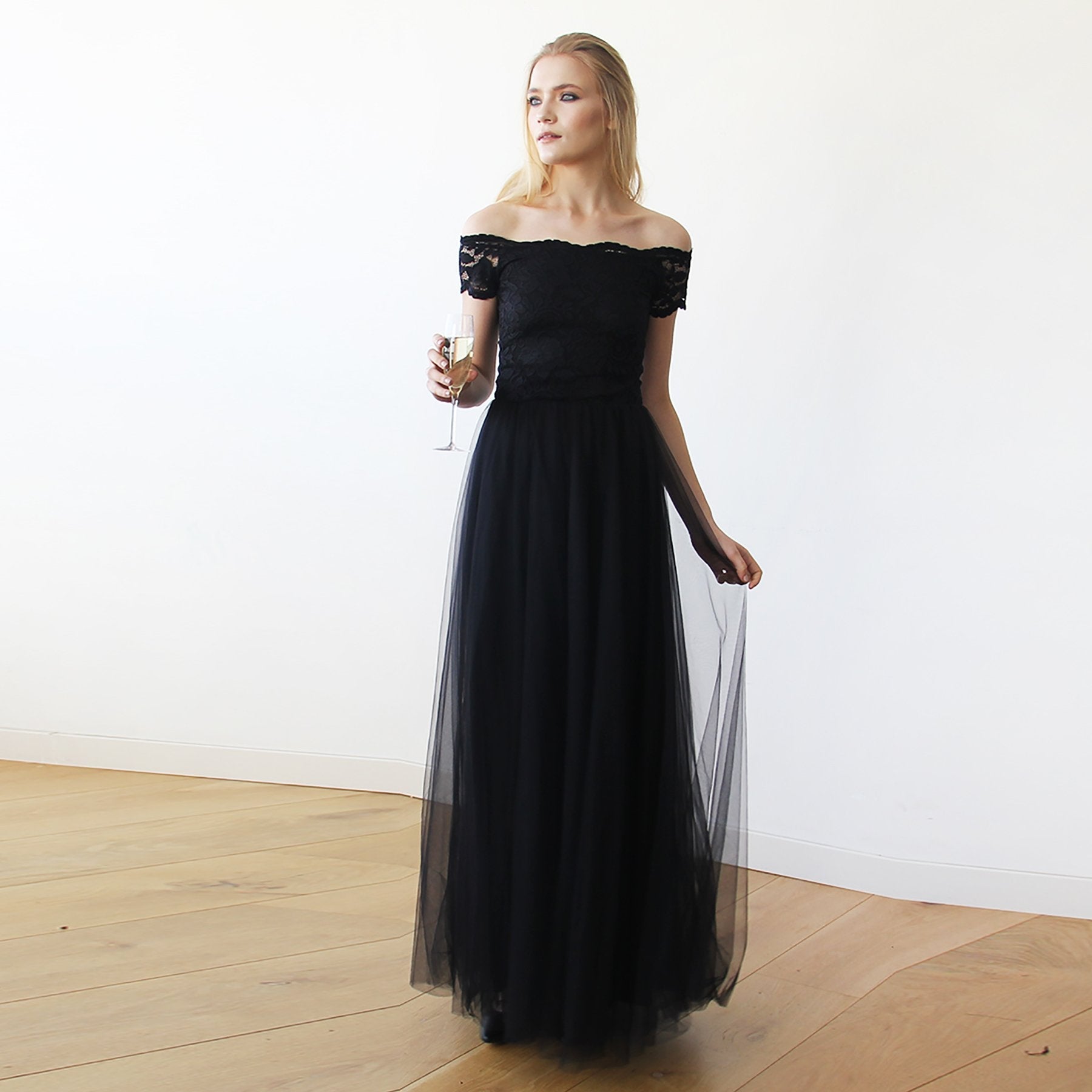 black lace off the shoulder maxi dress Andrina Lace Off Shoulder Gown