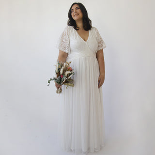 Curvy  Ivory butterfly sleeves, lace bohemian wedding dress with mesh chiffon #1321 Maxi Custom Order Blushfashion