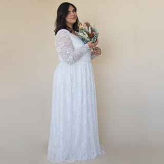 Curvy  Ivory Lace Bohemian , Long Sleeves Wedding Dress #1324 Maxi Custom Order Blushfashion
