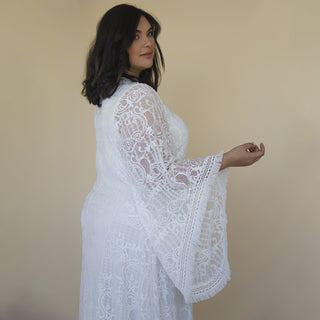 Curvy  Lace ivory bridal kaftan with fringe ,bat sleeves lace wedding Dress #1328 Maxi Custom Order Blushfashion