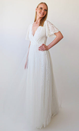 Fairy Wrap V neckline, Short sleeves Wedding Dress, Sheer Illusion Tulle Skirt on Lace #1397 Maxi Custom Order Blushfashion