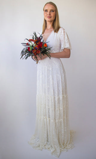 Gipsy layered Bohemian Skirt, Maxi lace wedding dress, Wrap neckline, Short Butterfly sleeves #1400 Maxi Custom Order Blushfashion