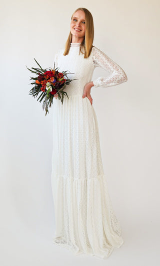 High neck, Bishop Long Sleeves, Ivory Vintage Lace, Gipsy skirt Wedding Dress #1405 Maxi Custom Order Blushfashion