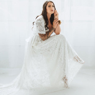 Ivory Wrap lace bohemian wedding dress with pockets and train #1423 Maxi Custom Order Blushfashion