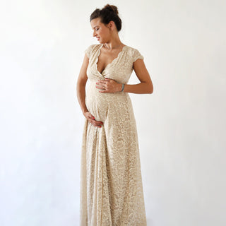 Maternity Cape sleeves lace wedding dress, Champagne Bohemian Formal dress 7009 Maxi Custom Order Blushfashion