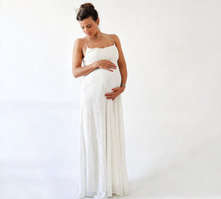 Maternity Ivory Draped lace  Dress with Spaghetti Stipes  #7010 Maxi Custom Order Blushfashion