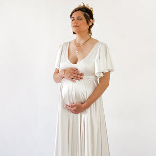 Maternity Silky Minimalist wedding dress, Elegant Satin Butterfly Sleeves Ivory  Pregnancy Dress #7001 Maxi Custom Order Blushfashion