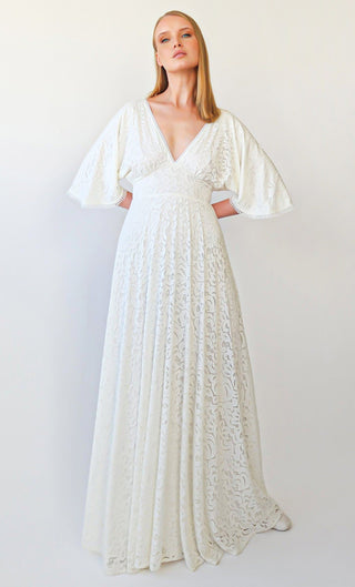 New Collection 2023 Vintage Deep V Neckline Bat Sleeves Bohemian Pearly white Wedding Dress #1382 Maxi Custom Order Blushfashion