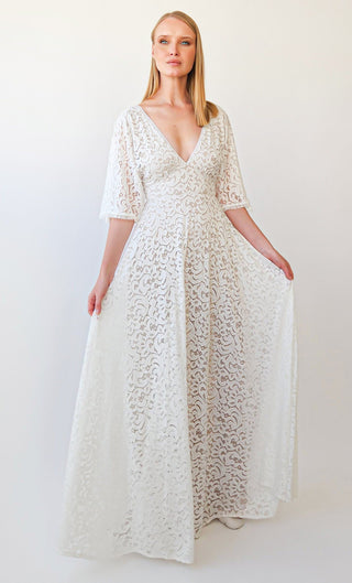 New Collection 2023 Vintage Deep V Neckline Bat Sleeves Bohemian Pearly white Wedding Dress #1389 Maxi Custom Order Blushfashion