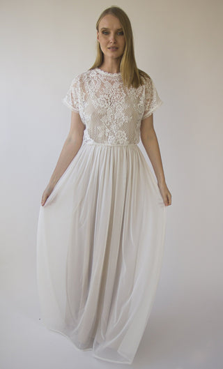 Pearly Lace Illusion Neckline wedding dress with Batwing short sleeves, circle mash chiffon skirt#1413 Maxi Custom Order Blushfashion