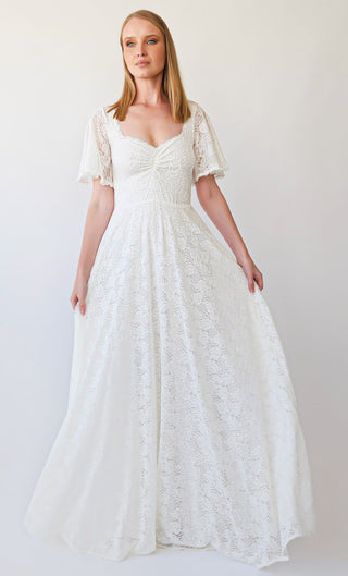 Romantic Ivory Sweetheart Lace Wedding Dress with Short Sleeves #1396 Maxi Custom Order Blushfashion