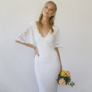 Sheath wedding dress, Bohemian butterfly Sleeves V neckline wedding dress #1294 Maxi Custom Order Blushfashion