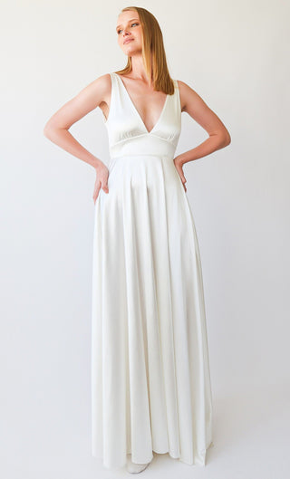 Silky Satin Deep V Neckline Simple Minimalist Wedding Dress #1395 Maxi Custom Order Blushfashion