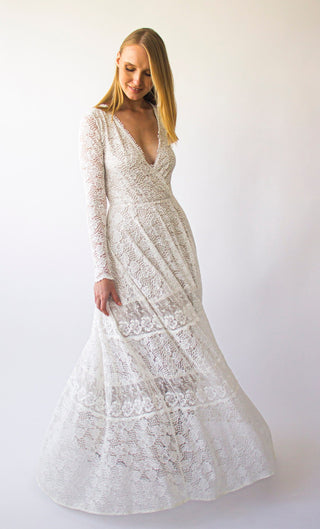 Vintage Bohemian lace Style wedding Long Sleeves wrap neckline with Gipsy Skirt #1403 Maxi Custom Order Blushfashion