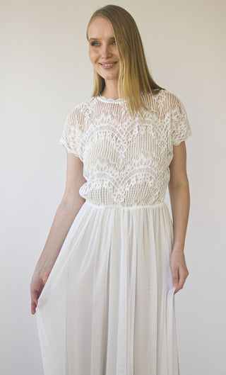 Vintage Ivory Crocheted Lace Illusion Neckline wedding dress with Batwing short sleeves, circle mash chiffon skirt  #1414 Maxi Custom Order Blushfashion