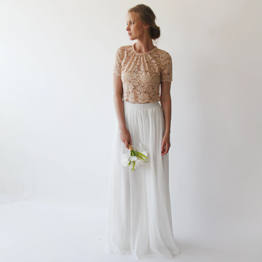 Wedding Dress Separates, Blush Lace Top, Ivory Chiffon Skirt #1380 Wedding Dress Separates, Blush Lace Top, Ivory Chiffon Skirt #1380
