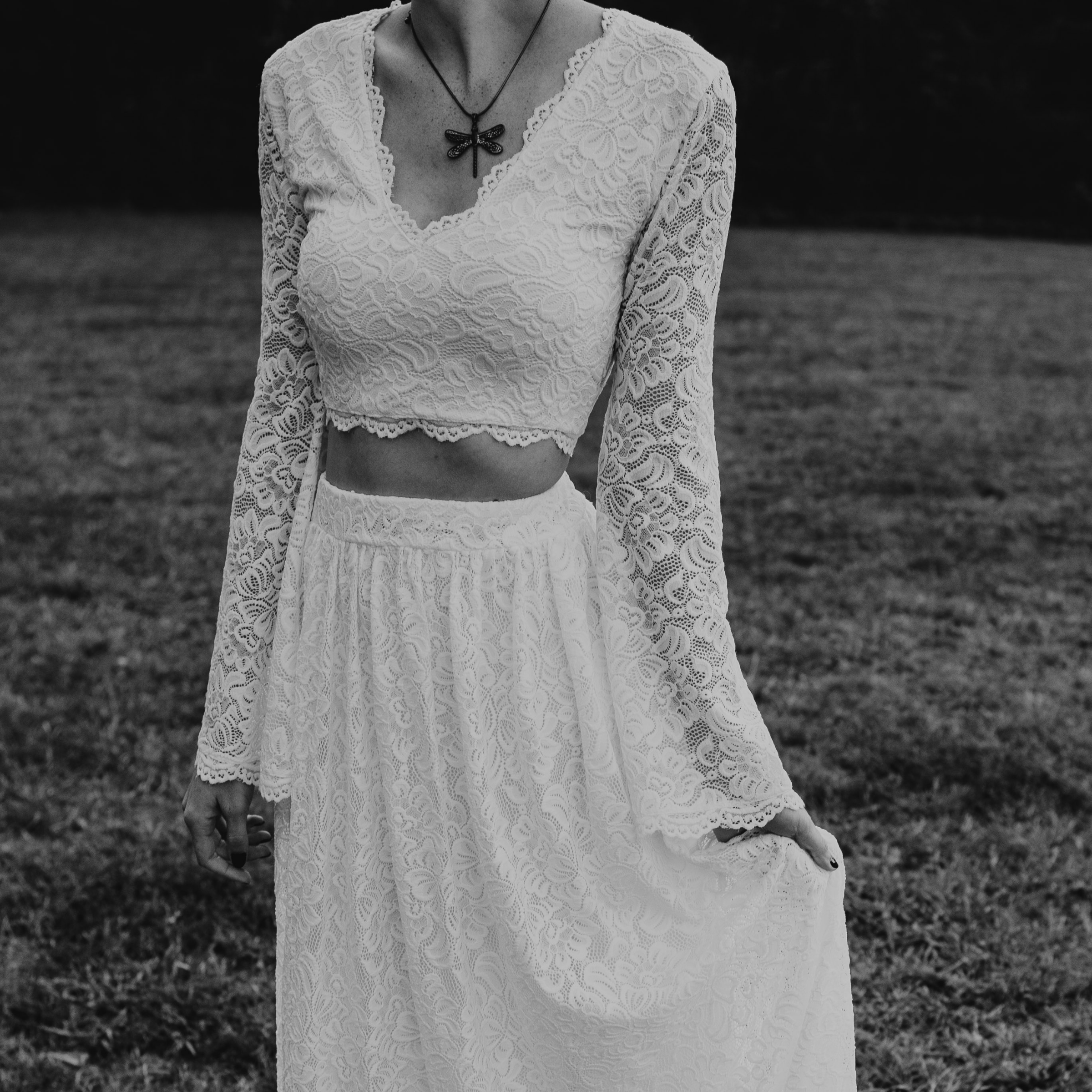 lace long sleeve crop top maxi wedding dress 15 Best Crop Top Wedding Dresses + Separates for 2024