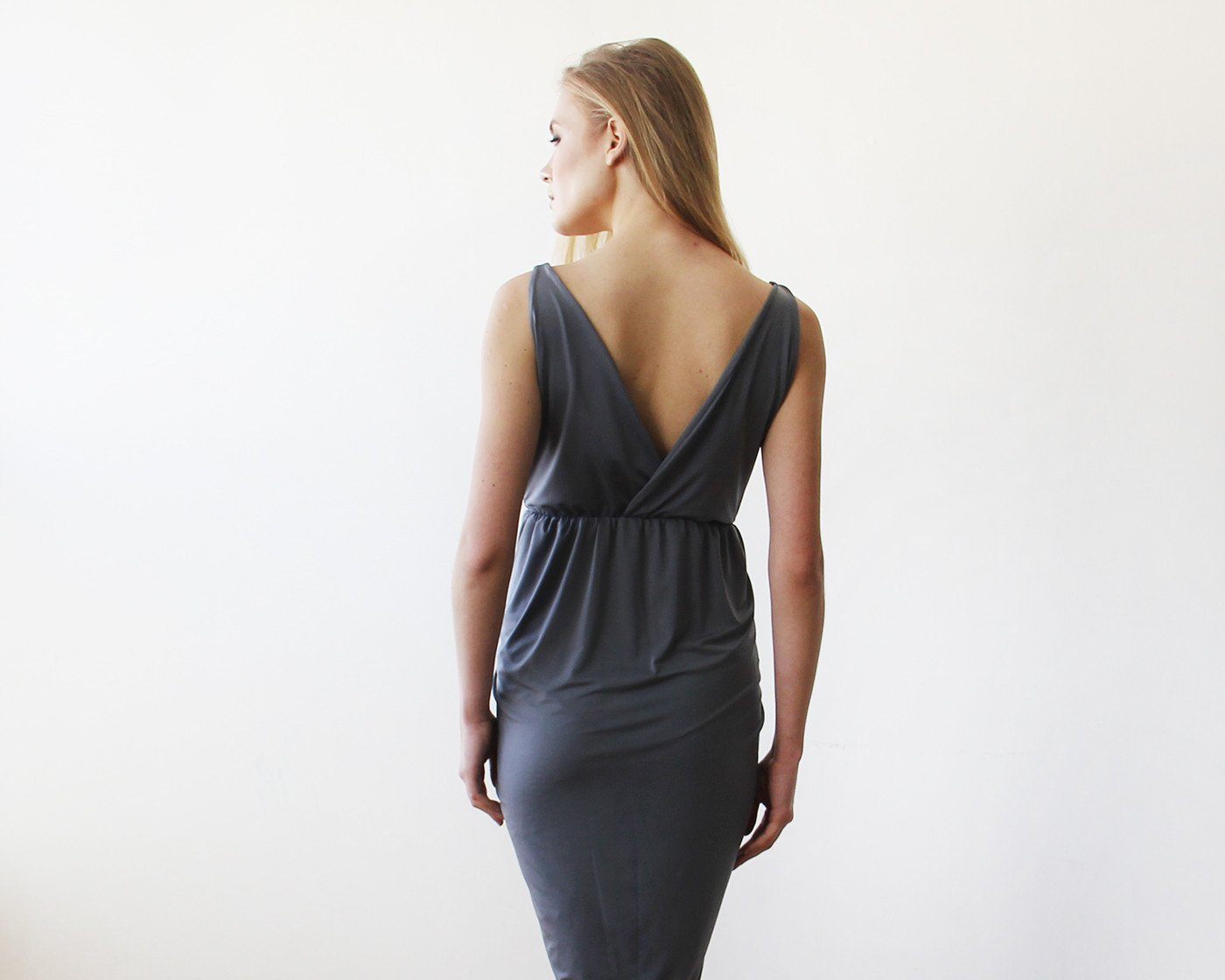 Dark Grey Wrap Tulip Dress with V Neckline #1154 Dark Grey Wrap Tulip Dress with V Neckline #1154