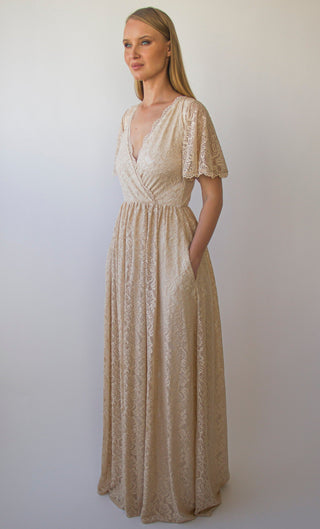 Delicate Champagne V neckline wrap lace bohemian dress, short cape butterfly sleeves with pockets #1407 Maxi Blushfashion