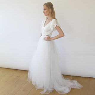 Fairy ivory wrap wedding dress, butterfly sleeves and puffy tulle #1293 Maxi Blushfashion