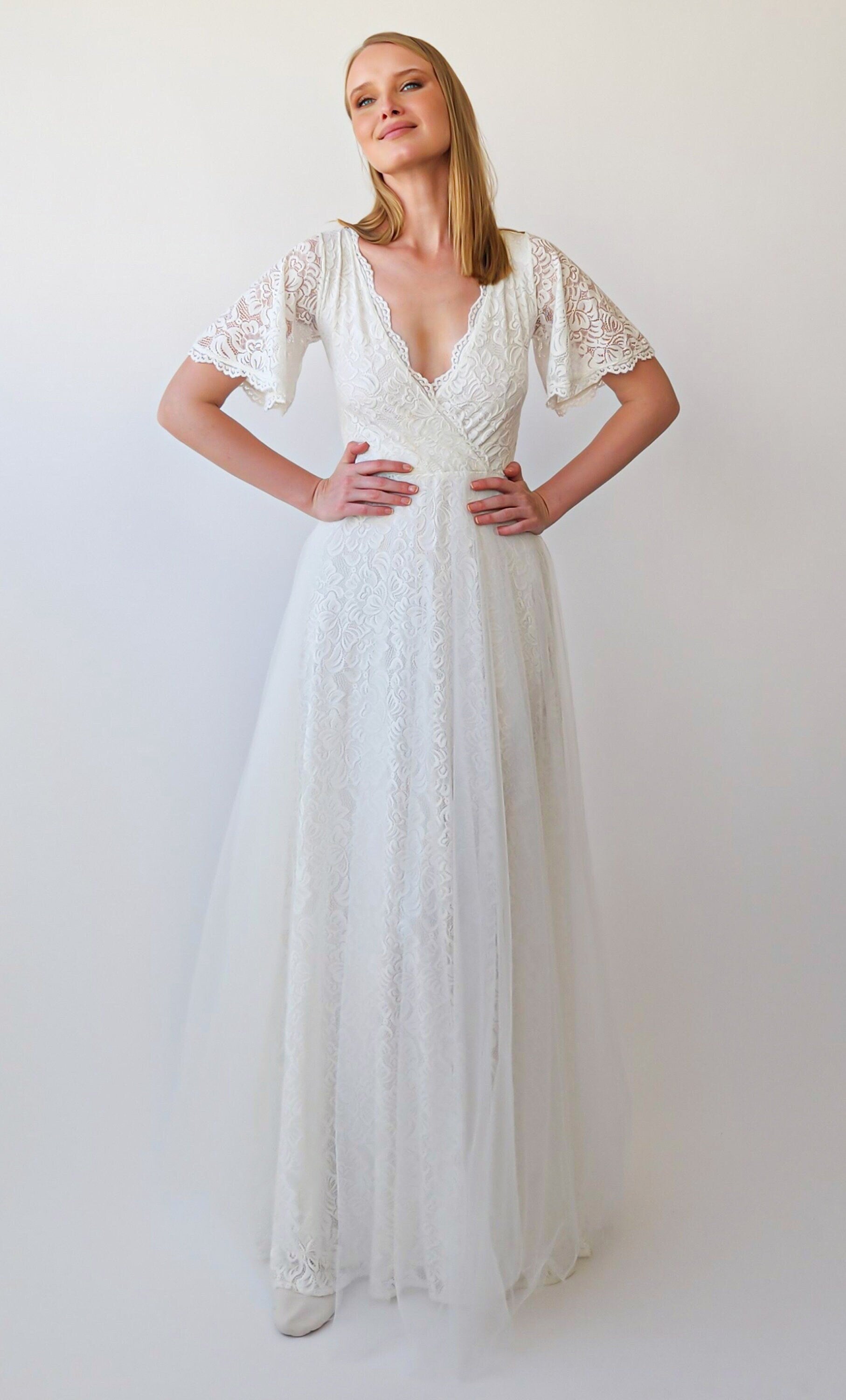 Wrap V-Neckline Wedding Dress with Sheer Tulle Skirt #1397