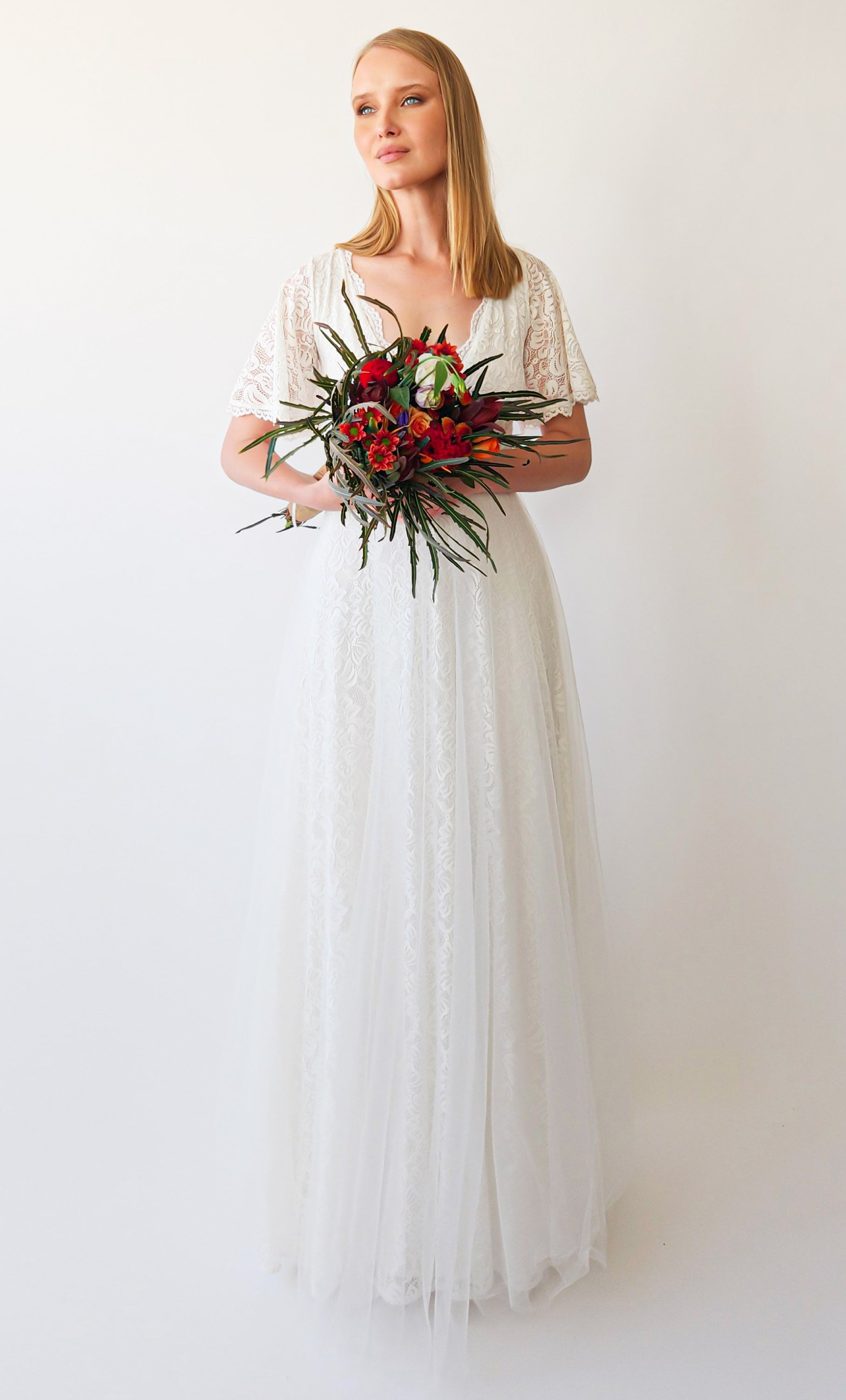 Wrap V-Neckline Wedding Dress with Sheer Tulle Skirt #1397