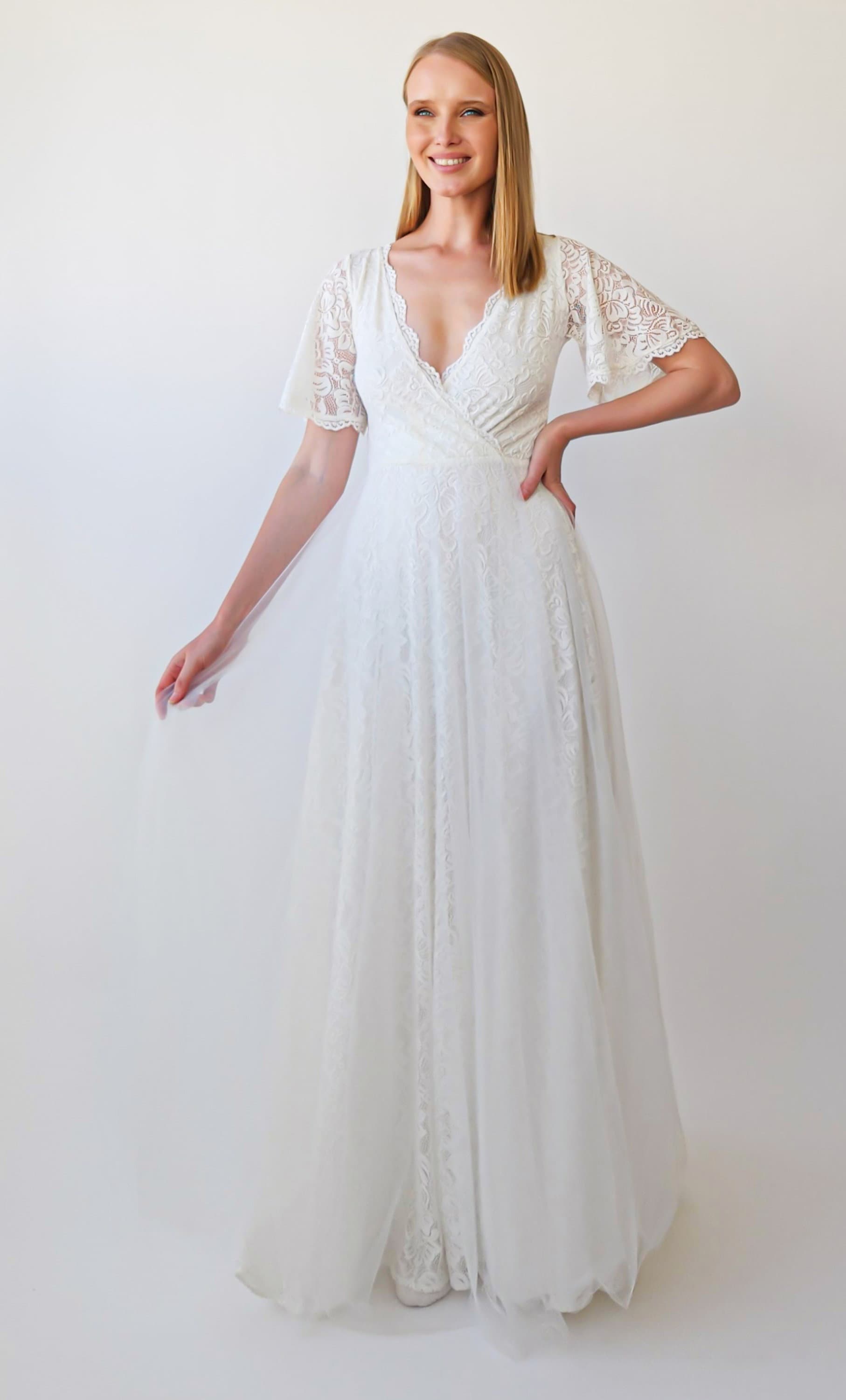 Wrap V-Neckline Wedding Dress with Sheer Tulle Skirt #1397