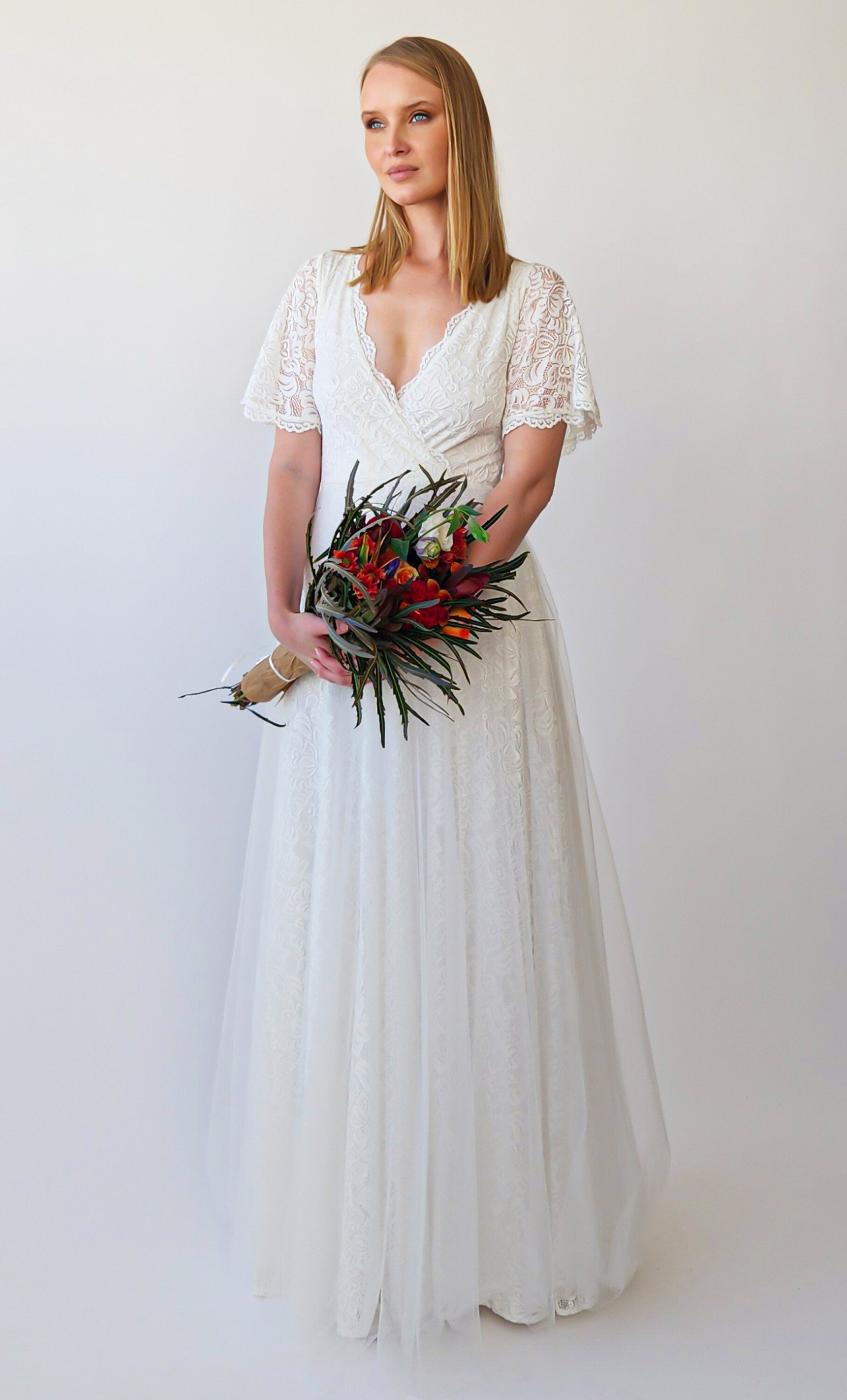 Wrap V-Neckline Wedding Dress with Sheer Tulle Skirt #1397